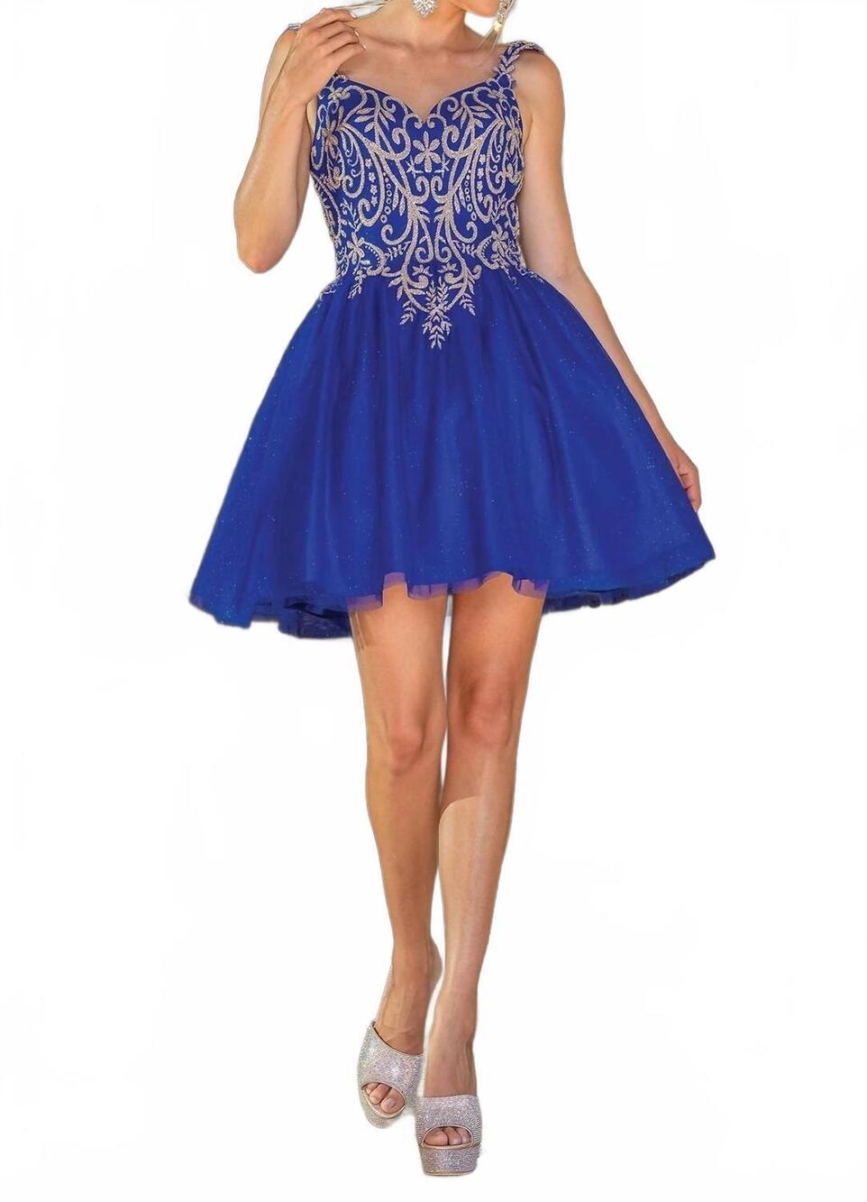 NEW DANCING QUEEN embroidered-bodice short glitter homecoming dress in royal blu